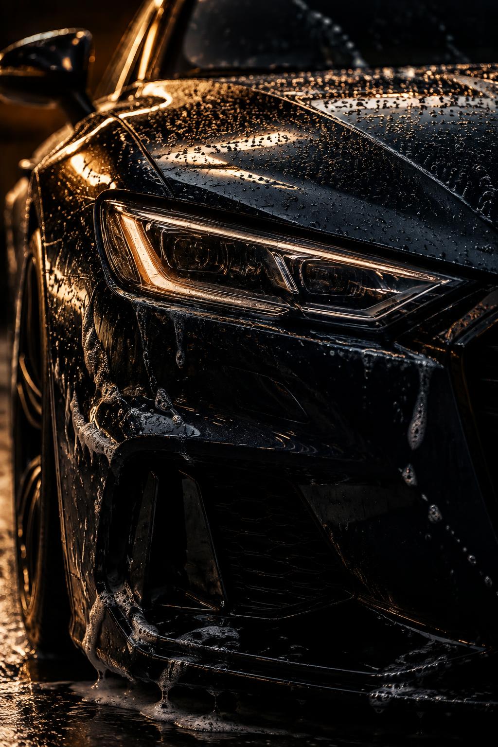 Detalle de un automóvil con gotas de agua e iluminación bronce